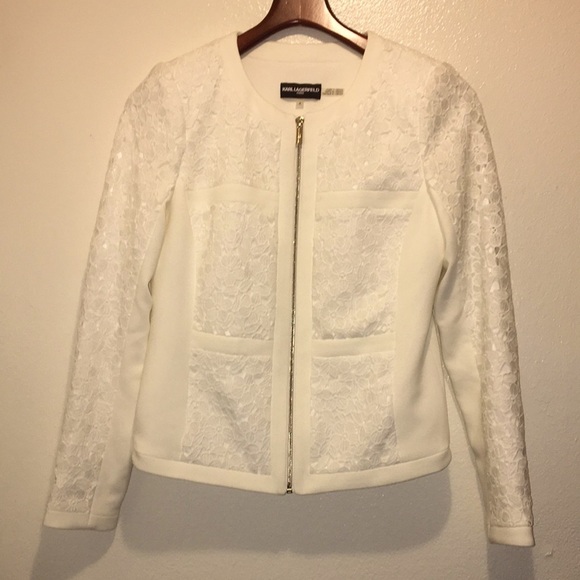 Karl Lagerfeld Ponte Knit w Lace Overlay Jacket - Picture 1 of 7